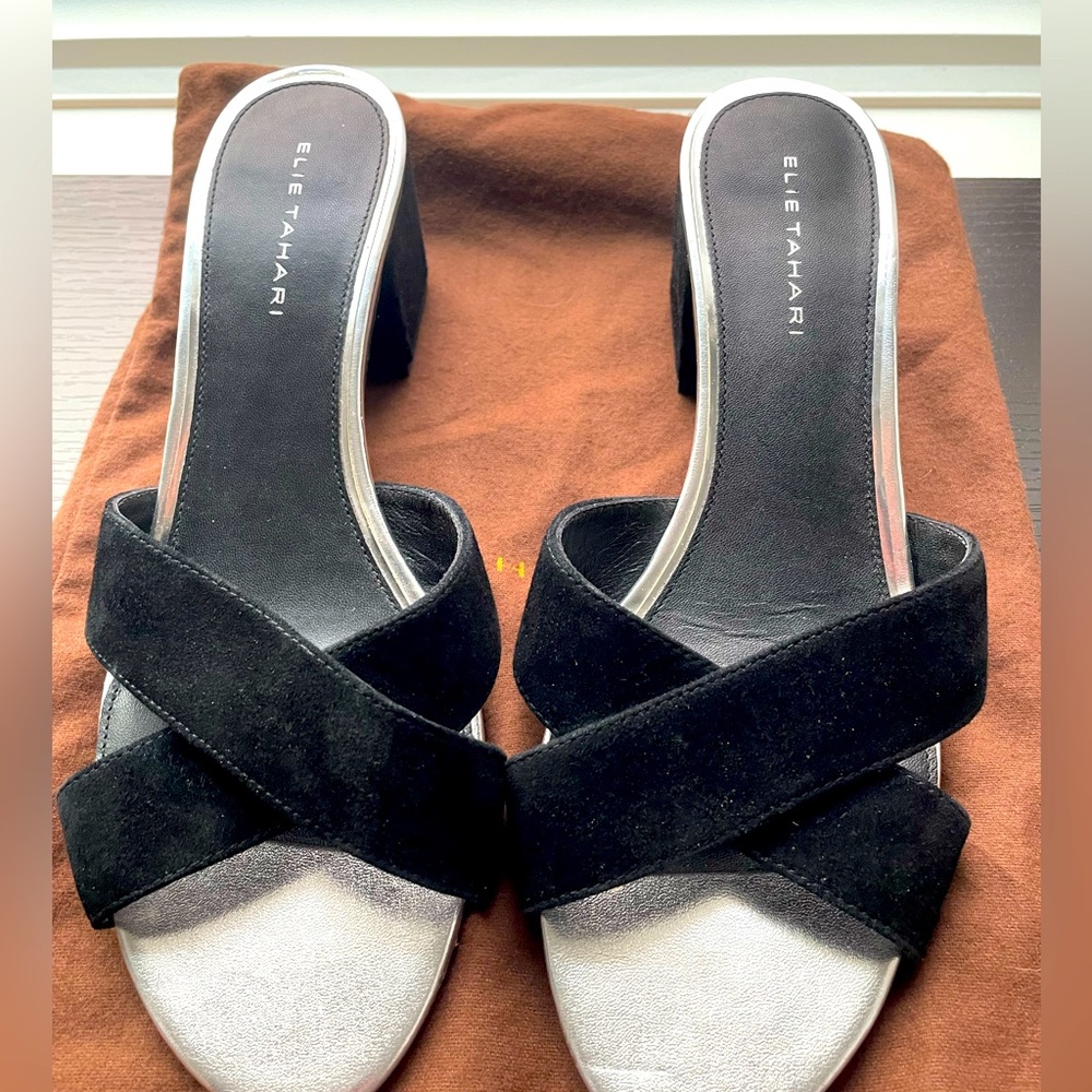 Elie Tahari block heel dress sandals, black and silver, 39 (8.5)